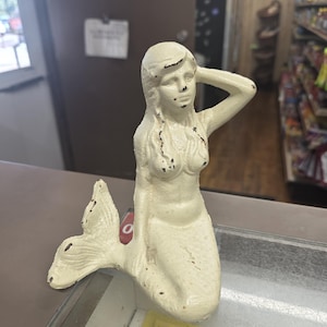 Aged Off White Cast Iron Mermaid Collectible, Home Office Decor, Estate Sale Find, Nautical Figurine, Paperweight
