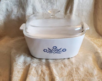 P-84- B, Pyrex Blaue Kornblume, 4 Quart Square Serving Backform oder Dutch Oven Corning / Pyrex Ware mit Glasdeckel