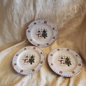 Set of 3, Gibson, Snowman Design, 8.25 inch Salad Plates,  Snowman & Tree, Crossed Lines, Red Blocks, Holiday Dishes, Christmas Tree Design
