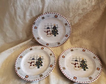 Set of 3, Gibson, Snowman Design, 8.25 inch Salad Plates,  Snowman & Tree, Crossed Lines, Red Blocks, Holiday Dishes, Christmas Tree Design