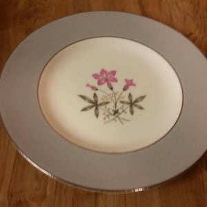 Homer Laughlin Guscio d&#39;uovo Nautilus Cavalier Fiore rosa e bordo grigio CV30 6,25 pollici Piatto da insalata o da dessert Cucina da collezione