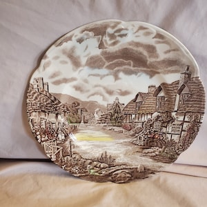 Johnson Brothers Olde English Countryside 10-Zoll-Speiseteller, braune Transferware, hergestellt in England, braune / mehrfarbige Landszenen, ohne Zierleiste