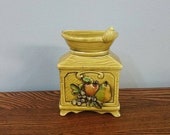 On Sale Rare Find, Lefton, Yellow Green, Coffee Grinder Design with Embossed Fruit, Wall Pocket or Flower Planter, Made in Japan