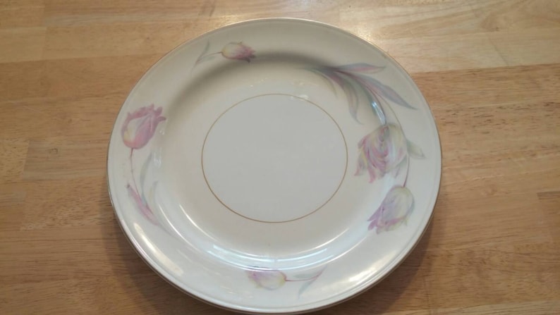 On Sale Homer Laughlin Eggshell Nautilus 10 inch DinnerChop Plate with Purple and Pink Tulip Design
