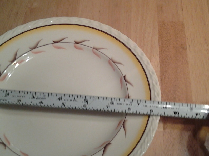 Puede incluir: Un plato de cer&aacute;mica blanco con un borde amarillo y marr&oacute;n y un dise&ntilde;o floral. El plato tiene un di&aacute;metro de 23 cm.