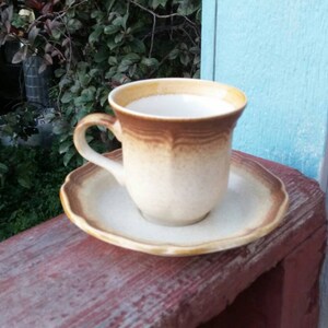 Peut inclure: Une tasse à thé et une soucoupe en céramique de couleur crème et marron. La tasse a un bord marron et un corps crème avec un motif subtil. La soucoupe est de couleur crème avec un bord marron.