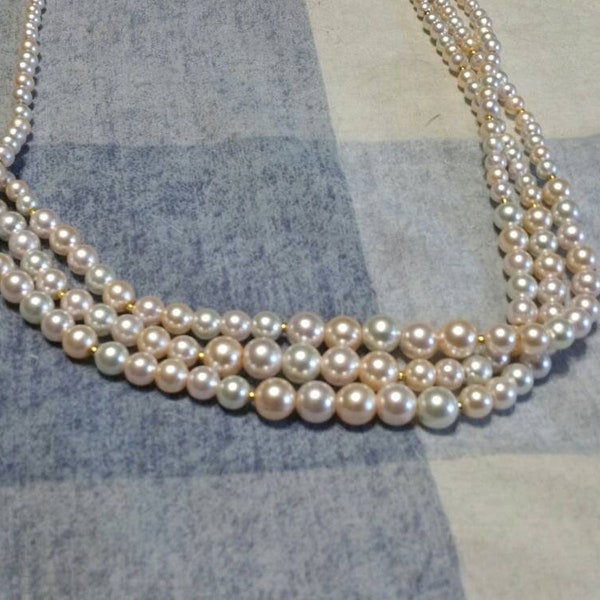 Faux Pearl  White and Pink Tiny Expanding Beaded Gold Toned 3 Strand 28 inch  Necklace Costume Jewelry