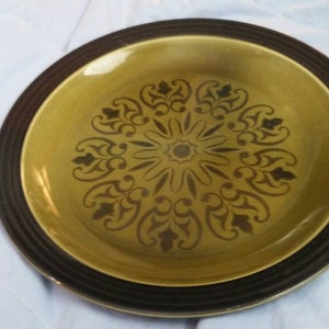 Homer Laughlin Decostone 10 pulgadas marrón y verde plato para servir Chop o Dinner Andre Poncho Design