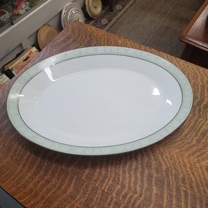 Noritake Vienne 16 inch Oval Serving Platter with White Roses On Green Band, Platinum Trim, Serving Dish