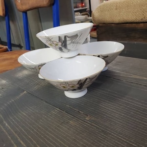 1980s, Set of 4, Pink and White Flower, Gold Bird, Japanese, Made in Japan, White Porcelain Bowls, Tree Design,  Vintage Kitchen Dishes