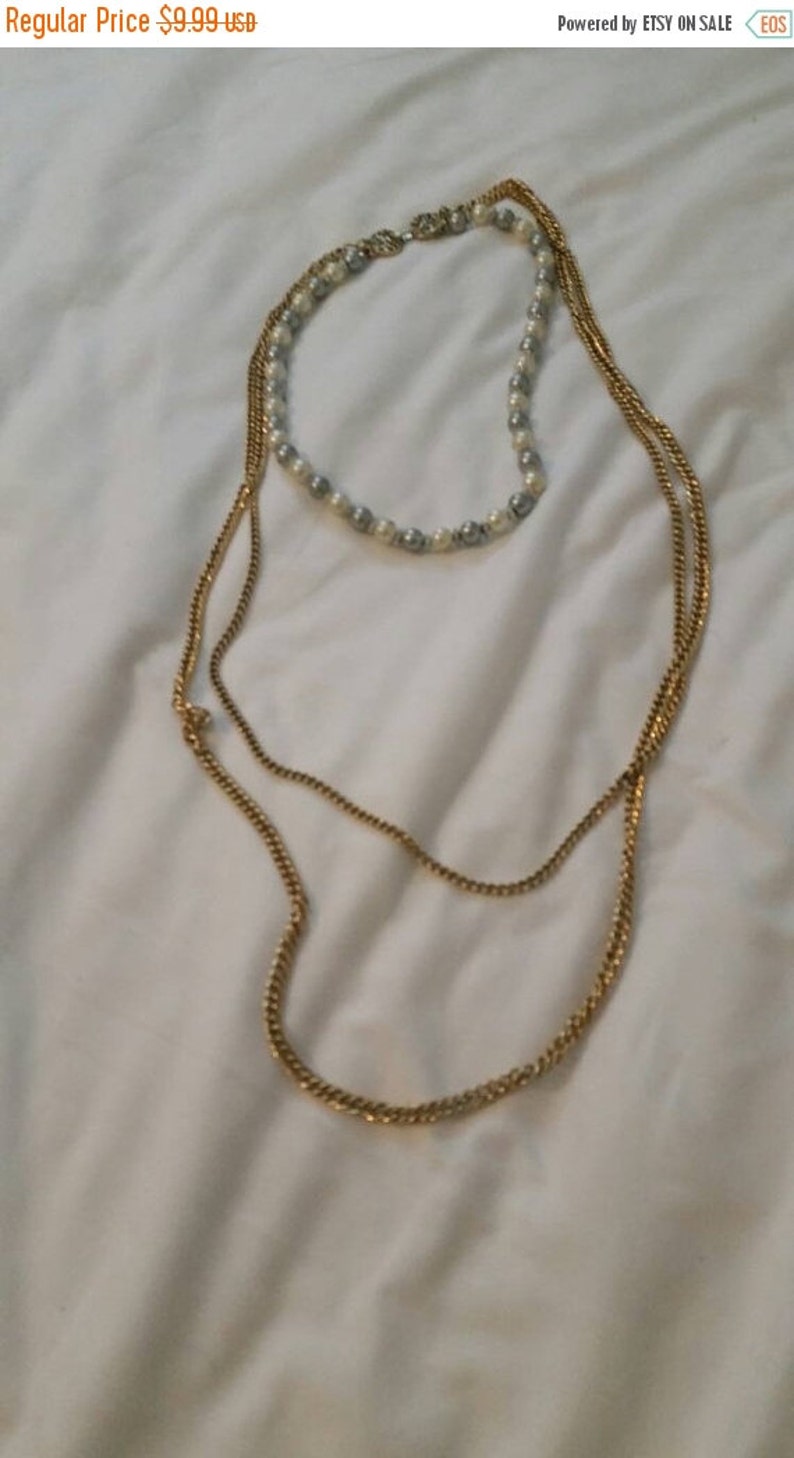 On Sale Multi Colored White Faux Pearl and Gray Bead Silver and Gold Toned Triple Strand Long 34 inch Necklace Costume Jewelry Fashion Acce