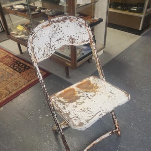 Rustic Aged White and Rusted Patina, Cast Iron Folding Chair, Traveling Chair, Yard or Plant Decor, Rare Find