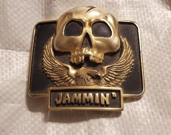 1979 Leather Works Jammin de metal pesado tonizado bronceado con hebilla de cinturón grande de calavera y águila, accesorio de moda, hecho en los EE.UU., vintage