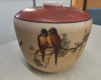 Antique Glass Lamp Shade wiith Parrot and Flower Design, Orange Top and Beige Sides, Collectible Home Decor