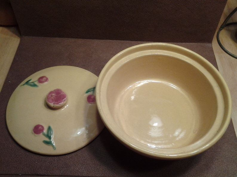 On Sale Collectible 1940s Coors Pottery Rosebud Design Bright Yellow Covered Casserole Dish