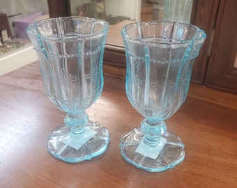 Light Blue, Set of 2, Debi Lily Wine Glasses with Floral Design, Vintage Barware, Wine Goblets or Water Glasses, Never Used, New Old Stock