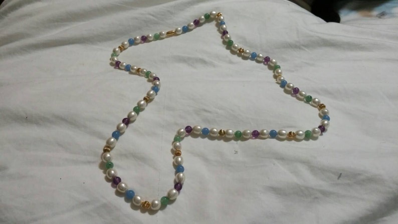 On Sale Inexpensive Bling White Purple and Light Blue Beaded and Gold Toned 36 inch Necklace Costume Jewelry Fashion Accessory