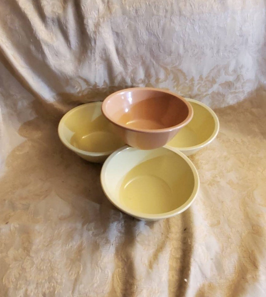 Set of 4, Mis-Matched, Melmac or Melamine, Vanguard Maplex, 5.75 inch Soup or Cereal Bowls, 3 Bright Yellow and Peach Dishes, Everyday Dish