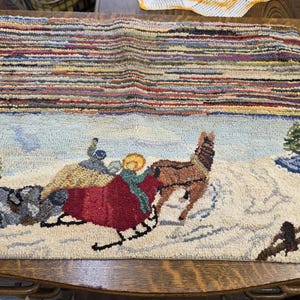 Handmade Primitive Home, 23 inch Rectangular Rug with Rainbow Stripes and Winter Sleigh Design, Rare Find, Vintage Tapestry