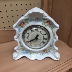 1978, Lanshire Movement, Mantle Working Electrical Clock, Hand Painted Pink and Blue Flowers, Roman Numerals, Victorian Style