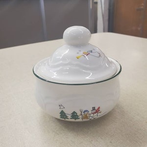 Pfaltzgraff, Snow Village, Jam/Jelly/Honey/Sugar Bowl, Collectible Kitchen, Snowman, Farm, Green Ring