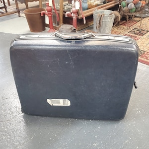 Mala rústica de tamanho grande, resistente, azul marinho Samsonite com rodas, decoração de casa, caixa de casamento vintage, estojo de viagem