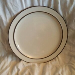 May include: A white ceramic dinner plate with a brown rim.