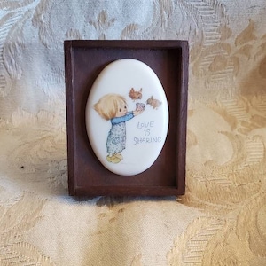 Hallmark Cards, Small Betsey Clark, Oval Plastic Picture "Love is Sharing", Wooden Picture Frame, Shadow Box Decor