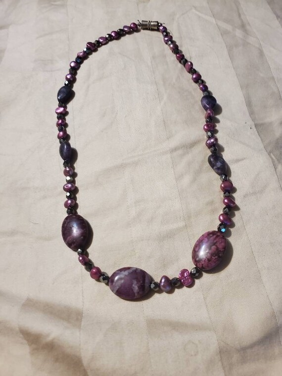 Glass, Black, Pink and Purple Bead, 15 inch Choker