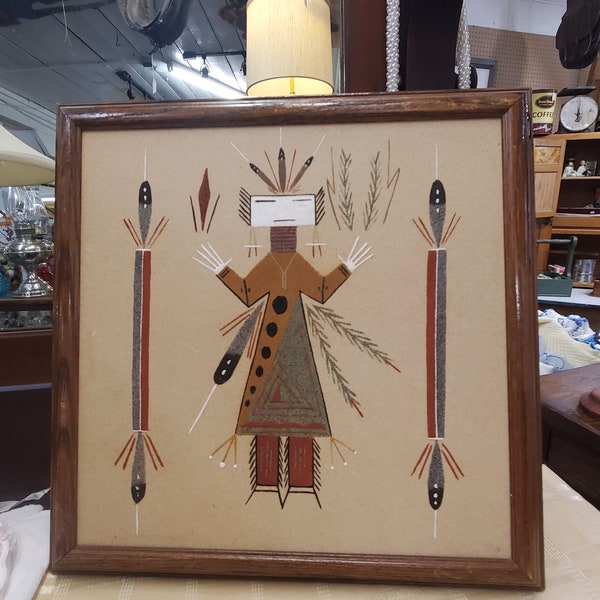 Framed Navajo Sand Painting Female Girl with Twirling Log and Rainbows on Side 13.50 inches Square, Native American Decor, Southwestern