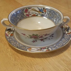 Lenox Fine China, Ming Pattern Footed Sauce Bowl with Handles and Saucer with Black Stamp, Birds, Floral,Scroll On Cream 2 Piece Set