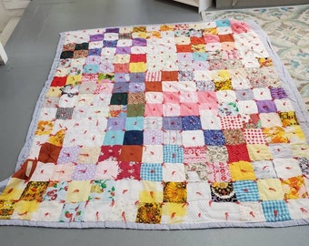 Aged Cotton Fabric, Vintage Clothing Patchwork Quilt, Handmade Bedding, Cottage Style, Vintage Home Linen, Tied Quilt