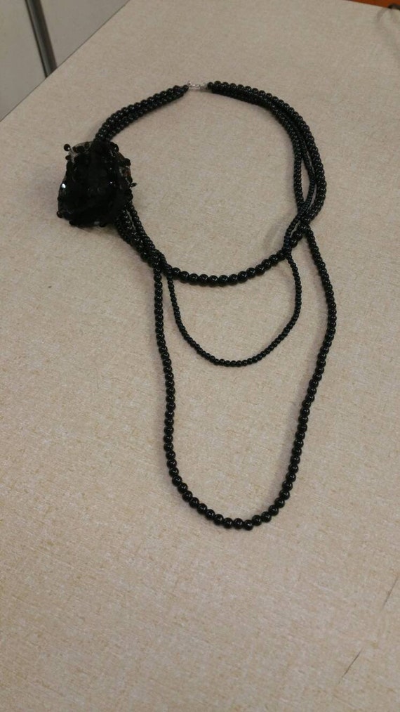 Plastic Black Bead with Fabric Flower Triple Stran