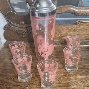 Hazel Atlas Glass Dancing Pink Elephant Martini Shakers with 5 Shot Glasses or Sold Separately, Vintage Barware, Circa 1948