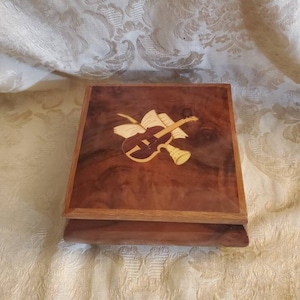 Capra Industries, Hand Made Walnut, &quot;Camelot&quot; Song, Music and Jewelry Box with Violin and Horn Inlay, Rare Find, Made in USA