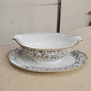 Noritake China, Gravy Boat with Attached Underplate, Dover Pattern, Blue Flowers, Gray Scrolls, 1960s Dish, Made in Japan