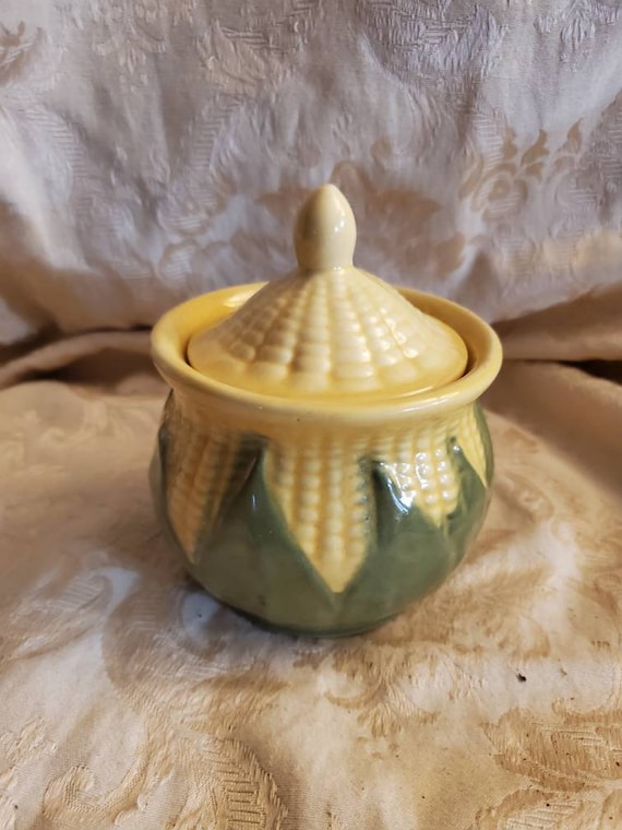 Vintage Yellow Ceramic Sugar Bowl w/Lid Canister & Creamer