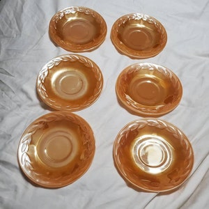 Set of 6, Fire King, Peach Lusterware  Saucers, Collectible Glass with Laurel Pattern, Vintage Kitchen