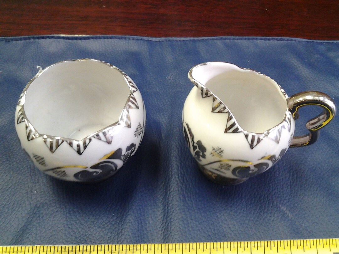 Norcrest Fine China Sugar and Creamer Set Silver and White Decorative