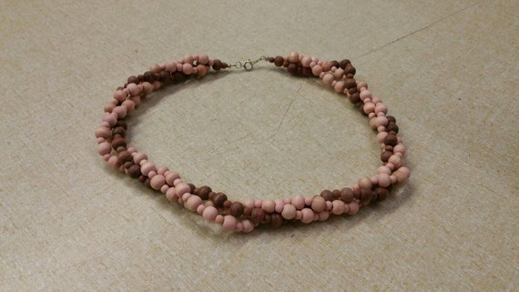 Pale Pink and Brown Wooden Bead 17 inch Twisted C… - image 1
