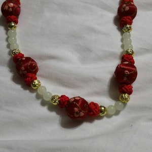 Bright White Glass Faux Pearl 22 inch  Necklace with Gold Toned Rose and Red Fabric Beads ,Twist Clasp Costume Jewelry Fashion Accessory