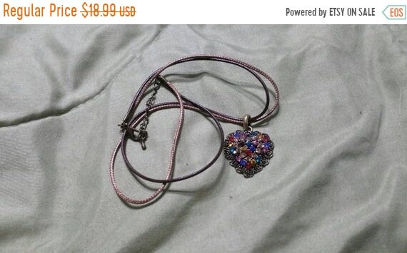 On Sale Victorian Style Rainbow Rhinestone and Brown Bead Square Pendant Necklace Costume Jewelry Fashion Accessory