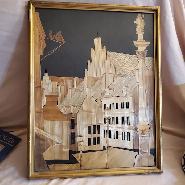 Vintage Polish Straw Marquetry Wall Art Prodimex, Poland City Scene, Vintage Wall Hanging, Original Frame and Backing