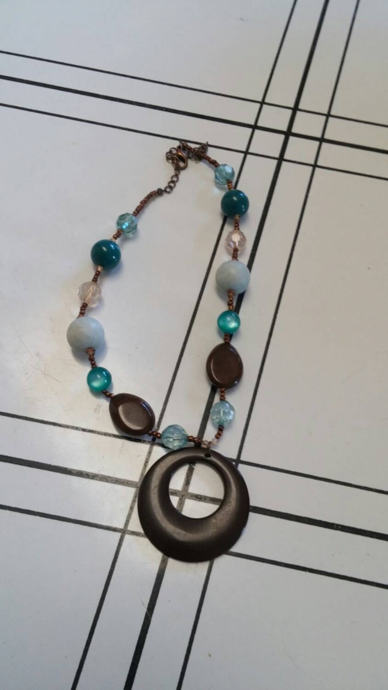 On Sale Collectible Bling Boho Style Turquoise and Brown Brass Toned Pendant Necklace