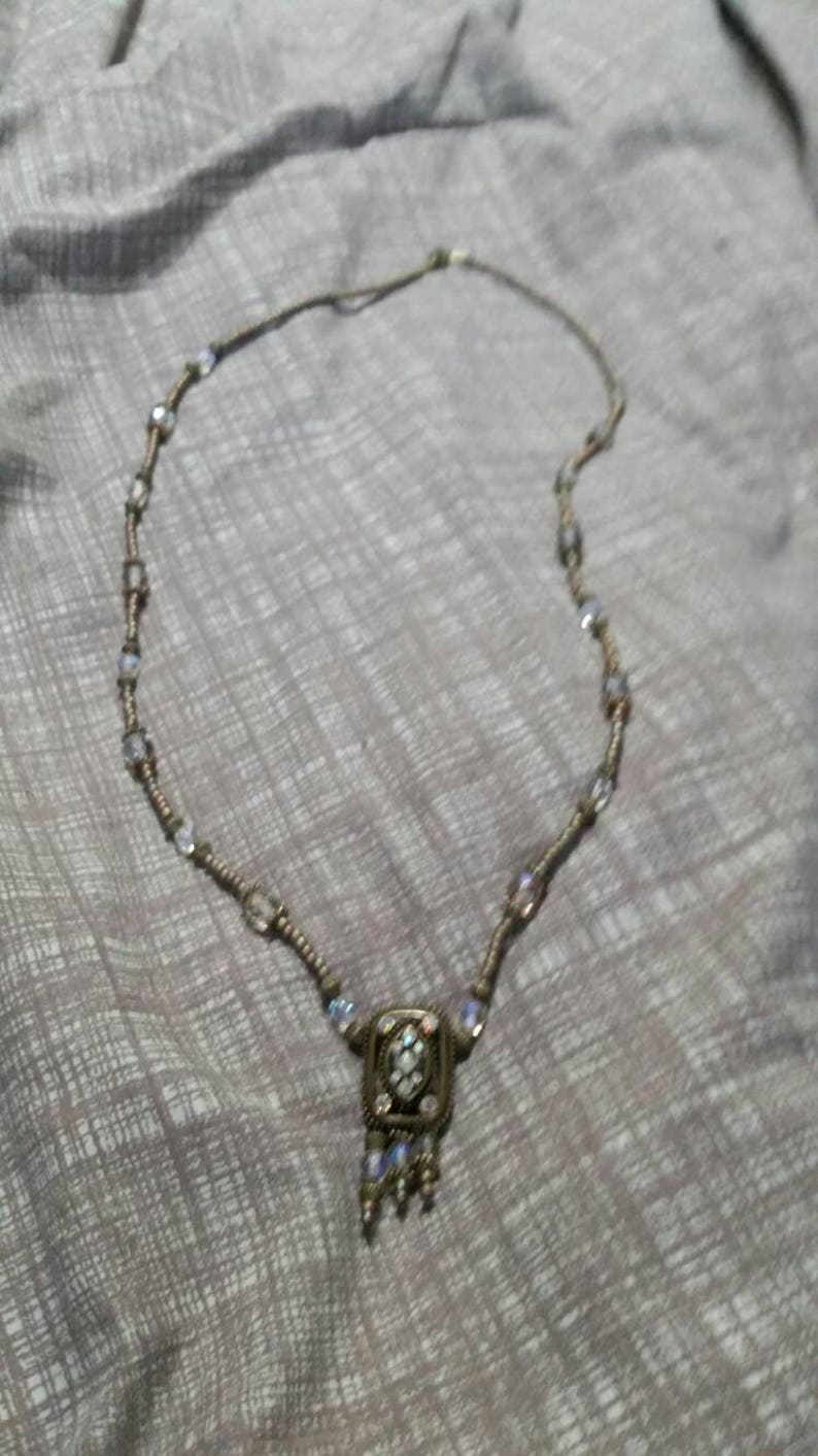 On Sale Victorian Style Rainbow Rhinestone and Brown Bead Square Pendant Necklace Costume Jewelry Fashion Accessory
