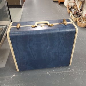 Rustiek groot formaat, marmer marineblauw en wit, Shwayder Brothers Samsonite bagagekoffer met blauw interieur