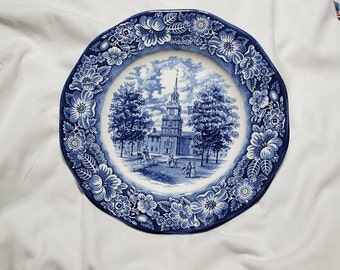 Liberty Blue, 9.80 Inch Dinner Plate, Historic Colonial Scenes, Staffordshire Ironstone, Independence Hall, Made in England