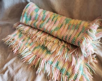 Hand Knitted, Bright White and Pink Afghan with Random Design, Lap Blanket, Baby or Kid Blanket