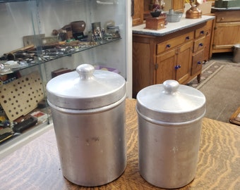 Set of 2 Well Loved Aluminum Canisters, Vintage Kitchen, Home Decor, Metal Storage Canisters