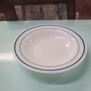 Rare Find, Pyrex Tableware, Milk Glass, Turquoise Blue Stripe Pattern, 9 inch Round Serving Bowls, Vintage Kitchen, Heavy Duty Dishes